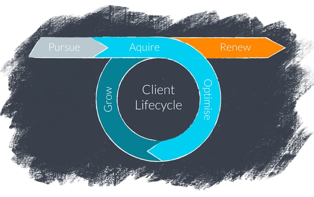 Illustration of the Client Lifecycle - Purue, Aquire, Optimise, Grow and Renew