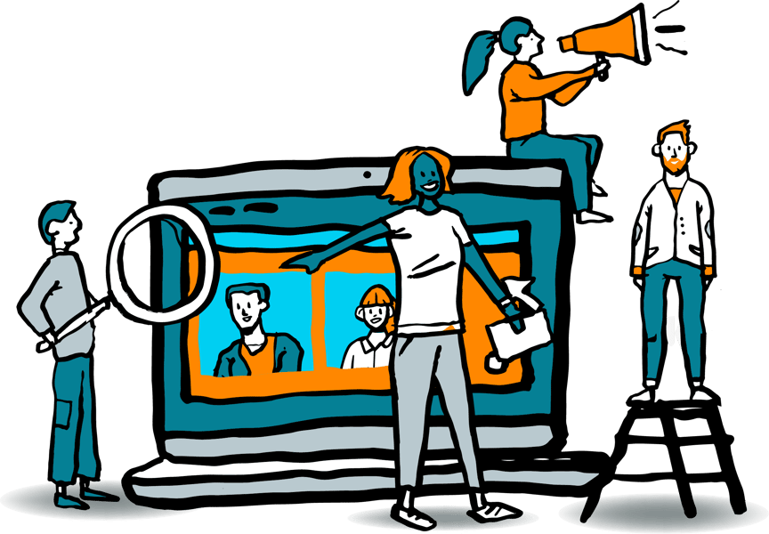 Illustration of a group of professionals around a giant laptop looking for new team members
