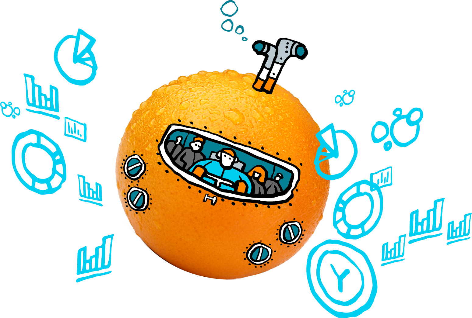 Group of individuals diving into the sea of data in their orange submarine