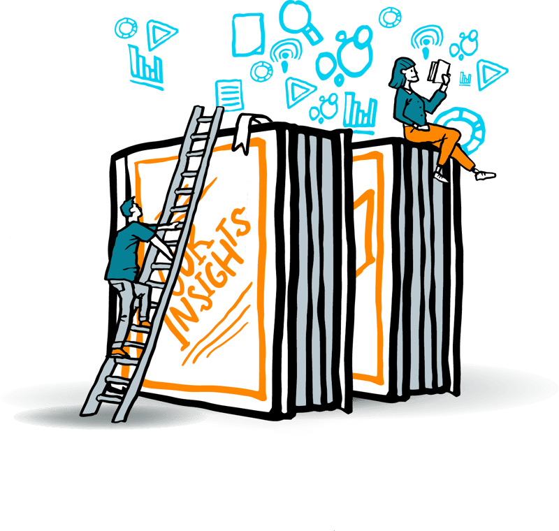 Illustration of two giant books with one person sat on top reading a book while another person climbs a ladder up the side of the books