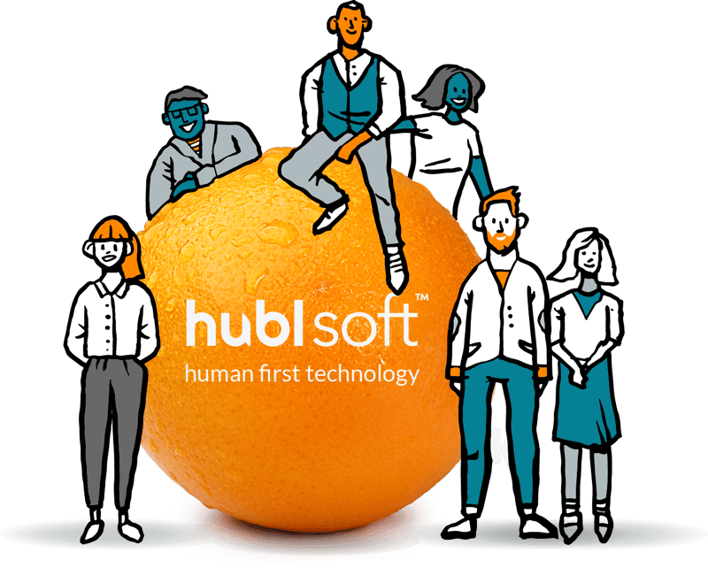 Illustration of the Hublsoft team on and around the Hublsoft orange