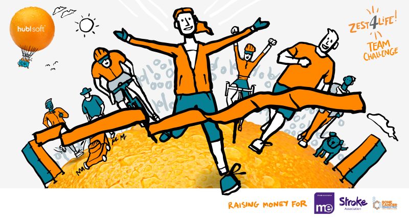 Illustration of a group of people crossing a finish line