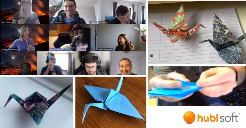 COllage of images including Origami cranes and an image from the Lunch and Learn Teams call