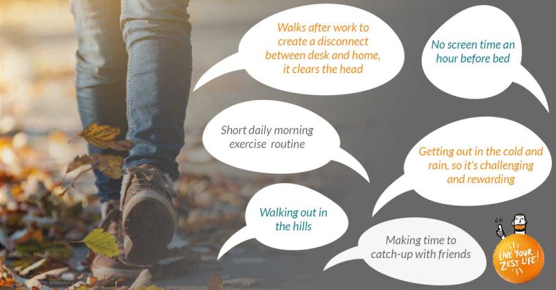 Image of a person walking throught leaves surrounded by hints and tips