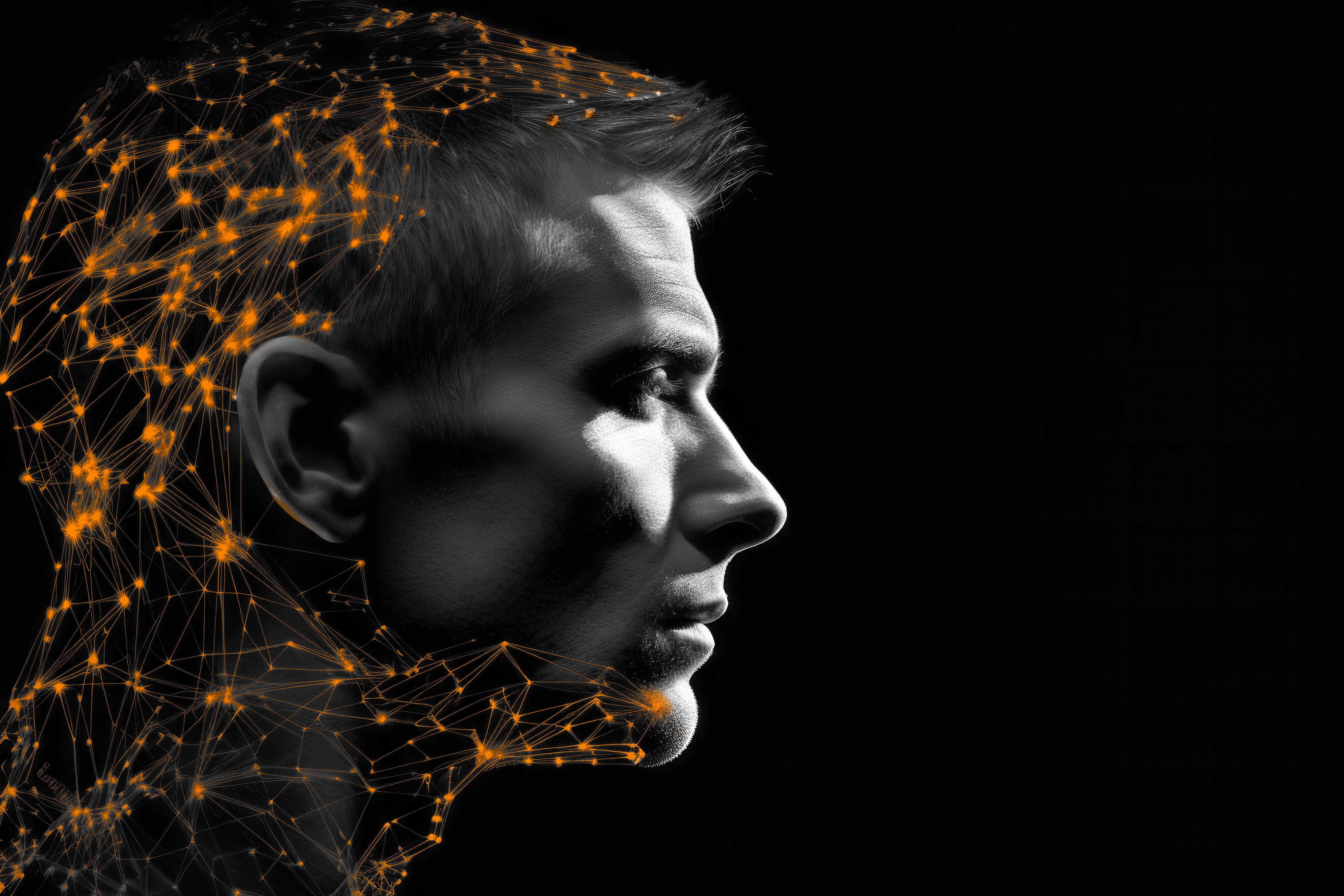 Side Portrait of a man with data points along his head
