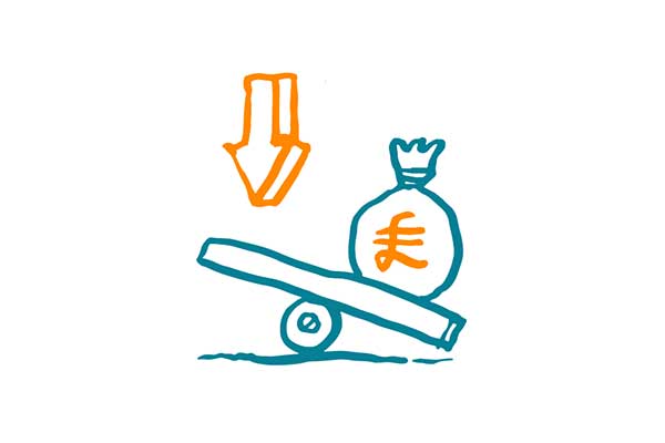 Icon of money on a see-saw with an arrow pointing indacating a force will be applied to the raised side